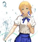  artoria_pendragon_(all) blonde_hair blue_ribbon blue_skirt fate/stay_night fate_(series) fumi_fumi_(7837224) green_eyes hair_ribbon holding hose light_smile looking_at_viewer neck_ribbon ribbon saber shiny shiny_hair shirt short_hair short_sleeves simple_background skirt solo standing white_background white_shirt 
