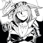  absurdres armor blush breasts cete_(controllingtime) greyscale highres jewelry looking_at_viewer mole mole_under_mouth monochrome monster_hunter monster_hunter:_world necklace open_mouth short_hair smile solo tongue tzitzi-ya-ku tzitzi-ya-ku_(armor) 