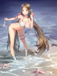  absurdres arms_behind_back ass bangs bikini bikini_bottom_removed blush bottomless breasts brown_eyes brown_hair cleavage collarbone commentary_request hair_ornament highres kneehighs konishi_(565112307) leaning_forward long_hair looking_at_viewer original outdoors partially_submerged pigeon-toed red_ribbon ribbed_legwear ribbon shiny shiny_hair sidelocks smile socks solo standing striped striped_bikini swimsuit thigh_strap thighs twintails v very_long_hair water white_bikini white_legwear 