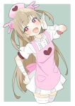  absurdres apron bandaged_arm bandages brown_hair bunny_hair_ornament donguri_suzume fang hair_ornament hand_on_own_face hat head_tilt highres long_hair natori_sana nurse_cap open_mouth red_eyes sana_channel simple_background solo thighhighs 