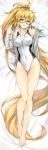  1girl absurdres adjusting_eyewear bangs bare_shoulders bed_sheet black-framed_eyewear blonde_hair blue_eyes blush breasts collarbone competition_swimsuit covered_navel dakimakura eyebrows_visible_through_hair fate/grand_order fate_(series) fingernails full_body glasses gluteal_fold highres jacket jeanne_d&#039;arc_(fate)_(all) jeanne_d&#039;arc_(swimsuit_archer) kotatsu_(kotatsu358) long_hair long_sleeves looking_at_viewer lying medium_breasts on_back one-piece_swimsuit open_clothes open_jacket open_mouth ponytail scan shiny shiny_hair sleeves_past_wrists smile sweat sweatdrop swimsuit very_long_hair whistle whistle_around_neck 