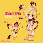  bangs black_hair blonde_hair blush_stickers character_name dress english full_body gen_2_pokemon hair_between_eyes lightning_bolt looking_at_viewer mameeekueya moemon multicolored_hair open_mouth personification pichu pink_legwear poke_ball pokemon pokemon_(creature) pokemon_number shoes simple_background smile standing twintails twitter_username yellow_background yellow_dress yellow_footwear 