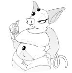  ambiguous_fluids anthro beverage big_breasts breasts camel_toe clothed clothing crop_top english_text eyelashes female food greyscale grumpig half-closed_eyes hand_on_hip looking_away mammal midriff monochrome navel nintendo nipple_bulge overweight overweight_female pok&eacute;mon pok&eacute;mon_(species) porcine portrait shirt shorts shoutingisfun solo standing stocky suggestive suggestive_food text thick_thighs three-quarter_portrait video_games 