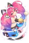  aqua_hair bangle bare_shoulders bareback bracelet cleo_(dragalia_lost) commentary_request detached_sleeves dragalia_lost dress gradient_hair hair_ornament headdress jewelry lio_(tsukuyomi-tei) looking_back multicolored_hair open_mouth petals pink_eyes pink_hair simple_background solo twintails wand white_background 