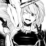 absurdres armor blush breasts cete_(controllingtime) greyscale happy highres jewelry kirin_(armor) kirin_(monster_hunter) monochrome monster_hunter monster_hunter:_world necklace one_eye_closed open_mouth short_hair smile solo 