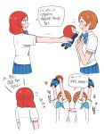  anyan_(jooho) blue_neckwear blush check_commentary commentary commentary_request heart highres hoshizora_rin korean love_live! love_live!_school_idol_project multiple_girls nesoberi nishikino_maki orange_hair otonokizaka_school_uniform red_hair shirt short_hair translation_request white_shirt 