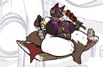  anthro beverage big_breasts breasts canine clothed clothing ear_piercing food huge_breasts jewelry jintonic mammal necklace no_pupils obese obese_female overweight piercing purple_sclera sitting solo thick_thighs 