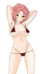  1girl absurdres bangs bikini breasts dragon_girl dragon_tattoo granberia hands_behind_head highres lafeto medium_breasts midriff mon-musu_quest! monster_girl navel open_mouth pose red_hair short_hair solo swimsuit tattoo yellow_eyes 