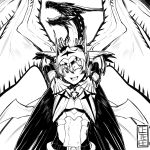  absurdres armor cete_(controllingtime) greyscale hands_up highres legiana legiana_(armor) looking_at_viewer monochrome monster_hunter monster_hunter:_world open_mouth solo wings 