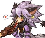  animal_ears bangs blush brown_gloves cat_ears cat_girl cat_tail dakusuta earrings elh_melizee facial_mark gloves grey_hair hair_between_eyes heart holding jewelry leaning_forward out_of_frame short_hair solatorobo speech_bubble spoken_heart tail tongue tongue_out white_background yellow_eyes 