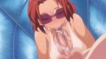  1girl animated animated_gif blush breasts brown_hair censored eyes_closed fellatio female glasses large_breasts nudist_beach_ni_shuugakuryokou_de!! nudist_beach_ni_shuugakuryokou_de!!_the_animation oral pink_pineapple short_hair tan tanline 