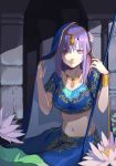  bracelet fate/grand_order fate_(series) flower hair_flower hair_ornament hair_ribbon highres indian_clothes jewelry long_skirt lotus matou_sakura midriff navel necklace parvati_(fate/grand_order) polearm purple_eyes purple_hair ribbon skirt spear weapon 