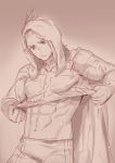  all_might aqua_eyes bangs bodysuit boku_no_hero_academia cape clothes_grab clothes_lift clothes_pull cocoda grabbing hair_slicked_back looking_down male_focus messy_hair monochrome muscle navel sepia short_hair simple_background sketch solo spot_color standing stomach sweat towel towel_on_head upper_body yagi_toshinori 