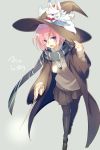  animal black_coat black_hat black_legwear black_scarf cis05 coat eyebrows_visible_through_hair fate/grand_order fate_(series) fou_(fate/grand_order) grey_background grey_skirt grey_sweater hair_between_eyes hat holding holding_wand mash_kyrielight miniskirt necktie open_clothes open_coat outstretched_arm pantyhose pink_hair pleated_skirt purple_eyes scarf school_uniform shiny shiny_hair short_hair simple_background skirt solo striped striped_neckwear striped_scarf sweater walking wand witch_hat 