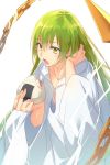  androgynous chain cis05 collarbone enkidu_(fate/strange_fake) eyebrows_visible_through_hair fate/strange_fake fate_(series) food green_hair hair_between_eyes hand_in_hair holding holding_food long_hair male_focus open_mouth otoko_no_ko simple_background solo very_long_hair white_background yellow_eyes 