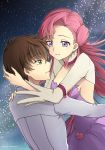  1girl breasts brown_hair choker code_geass collarbone couple dress earrings euphemia_li_britannia eyebrows_visible_through_hair floating green_eyes grey_jacket grey_sleeves hair_between_eyes highres jacket jewelry kururugi_suzaku long_hair medium_breasts parted_lips pink_eyes pink_hair purple_dress purple_eyes setu_kurokawa shrug_(clothing) sideboob sky sleeveless sleeveless_dress smile star_(sky) starry_sky striped striped_dress twitter_username very_long_hair 