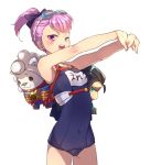  ;d armpits bangs black_bow blue_swimsuit blush bow breasts buckle character_doll character_name cis05 covered_navel cowboy_shot fate/grand_order fate_(series) from_side goggles goggles_on_head groin_tendon hair_bow hands_together harness helena_blavatsky_(fate/grand_order) high_ponytail looking_at_viewer name_tag nikola_tesla_(fate/grand_order) old_school_swimsuit one-piece_swimsuit one_eye_closed open_mouth outstretched_arms pink_eyes pink_hair school_swimsuit short_hair short_ponytail sideways_glance simple_background small_breasts smile solo standing stretch swimsuit thomas_edison_(fate/grand_order) upper_teeth white_background 
