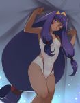  blush casual_one-piece_swimsuit cis05 covered_navel dark_skin facial_mark fate/grand_order fate_(series) floating_hair from_below hairband long_hair low-tied_long_hair nitocris_(fate/grand_order) nitocris_(swimsuit_assassin)_(fate) one-piece_swimsuit open_mouth ponytail purple_eyes purple_hair solo standing swimsuit very_long_hair white_swimsuit 