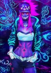  absurdres akali baseball_cap bracelet breasts cleavage hat highres idol jacket jewelry k/da_(league_of_legends) k/da_akali league_of_legends makeup mask midriff monori_rogue navel open_clothes ponytail purple_hair solo ultraviolet_light yellow_eyes 