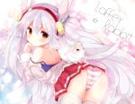  animal animal_ears arched_back ass azur_lane bangs bare_shoulders bent_over blush bunny bunny_ears character_name closed_mouth commentary_request eyebrows_visible_through_hair fur-trimmed_sleeves fur_trim fuuna_thise hair_between_eyes hair_ornament hairband hand_up jacket laffey_(azur_lane) long_hair long_sleeves looking_at_viewer looking_back off_shoulder panties pink_jacket pleated_skirt red_eyes red_hairband red_skirt shoulder_blades silver_hair skirt solo star striped striped_panties thighhighs twintails underwear very_long_hair white_legwear 