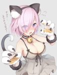  animal_ears bell bell_choker breasts cat_ears cat_paws choker claw_pose claws cleavage commentary curcumin eyebrows_visible_through_hair eyes_visible_through_hair fake_animal_ears fang fate/grand_order fate_(series) frilled_choker frills grey_background highres jingle_bell large_breasts looking_at_viewer mash_kyrielight open_mouth paws pink_hair purple_eyes short_hair simple_background solo translated 