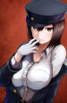  akitsu_maru_(kantai_collection) black_hair black_hat breasts brown_background brown_eyes commentary gloves hat highres kantai_collection large_breasts military military_hat military_uniform okitsugu open_clothes peaked_cap shirt short_hair smile solo uniform upper_body white_gloves white_shirt 