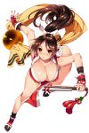  ass bare_shoulders bent_over blush breasts brown_hair cleavage commentary_request covered_nipples fan fatal_fury gloves high_ponytail highres large_breasts long_hair looking_up parted_lips shiranui_mai simple_background solo tamiya_akito the_king_of_fighters thighs white_background 