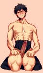  abs chest clenched_hands clenched_teeth cushion doudanuki_masakuni erection highres looking_at_viewer lvlv male_focus muscle nipples one_eye_closed penis pink_background precum saliva seiza simple_background sitting sketch solo teeth touken_ranbu underwear underwear_only wince yellow_eyes zabuton 