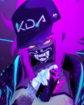  akali baseball_cap choker cropped_jacket face_mask gloves glowing hat highres inosia inverted_colors k/da_(league_of_legends) k/da_akali league_of_legends looking_at_viewer mask paint ponytail purple_hair solo spray_can ultraviolet_light yellow_eyes 