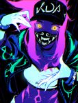  akali baseball_cap bodypaint collarbone crop_top cropped_jacket face_mask fingernails glowing hat inverted_colors k/da_(league_of_legends) k/da_akali league_of_legends looking_at_viewer mask midriff navel ponytail ress sharp_fingernails solo ultraviolet_light yellow_eyes 