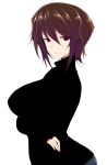  bangs black_sweater breast_hold breasts brown_eyes brown_hair casual closed_mouth commentary_request crossed_arms from_side girls_und_panzer han_(jackpot) light_smile long_sleeves looking_at_viewer medium_breasts nishizumi_maho short_hair simple_background solo standing sweater upper_body white_background 