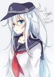  absurdres anchor_print black_hat black_sailor_collar blue_eyes collarbone dated grey_background hair_between_eyes hat hibiki_(kantai_collection) highres kantai_collection long_hair long_sleeves looking_at_viewer neckerchief red_neckwear sailor_collar school_uniform serafuku shirt signature silver_hair siroyuki sketch solo upper_body white_shirt 