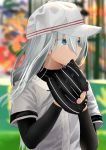  adapted_costume baseball_cap baseball_mitt baseball_uniform black_sleeves blue_eyes blurry blurry_background buttons covering_mouth double_horizontal_stripe dress_shirt floating_hair grey_shirt hair_between_eyes hands_up hat hibiki_(kantai_collection) highres ikashun kantai_collection long_hair long_sleeves looking_to_the_side outdoors shirt short_over_long_sleeves short_sleeves silver_hair solo sportswear upper_body verniy_(kantai_collection) w_arms white_hat 