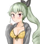  alternate_hairstyle anchovy bangs bikini black_ribbon boxreeema breasts cardigan closed_mouth drill_hair eyebrows_visible_through_hair front-tie_bikini front-tie_top frown girls_und_panzer green_hair grey_sweater hair_ribbon light_blush long_hair long_sleeves looking_at_viewer medium_breasts open_cardigan open_clothes ponytail red_eyes ribbon simple_background single_drill solo sweater swimsuit upper_body white_background yellow_bikini 