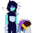  ? blue_hair brown_hair deltarune english frisk_(undertale) hair_over_eyes height_difference kris_(deltarune) long_sleeves messy_hair multiple_others nenekantoku shaded_face shirt short_hair simple_background striped striped_shirt turtleneck twitter_username undershirt undertale undressing white_background 