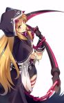  black_cape black_capelet black_gloves blonde_hair bow cape capelet cis05 cosplay ereshkigal_(fate/grand_order) fate/grand_order fate_(series) from_above gloves grin hair_bow holding holding_scythe hooded long_hair looking_at_viewer medusa_(lancer)_(fate) medusa_(lancer)_(fate)_(cosplay) red_bow red_eyes rider scythe simple_background smile solo standing thigh_strap very_long_hair white_background 
