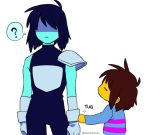  =_= ? blue_hair blue_skin brown_hair commentary deltarune frisk_(undertale) gloves height_difference kris_(deltarune) messy_hair multiple_others nenekantoku pauldrons shaded_face shirt short_hair simple_background sleeveless striped striped_shirt tug turtleneck twitter_username undertale white_background white_gloves yellow_skin 