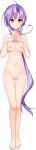  absurdres barefoot breasts charabration! eyebrows_visible_through_hair full_body hands_together highres long_hair long_image looking_at_viewer medium_breasts navel nipples nude nylon official_art orange_eyes purple_hair pussy smile solo tall_image tenhouin_himeme thigh_gap transparent_background very_long_hair 