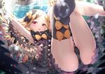 abigail_williams_(fate/grand_order) ass asymmetrical_legwear black_bow black_legwear black_panties blonde_hair blurry blurry_foreground bow commentary_request depth_of_field eyebrows_visible_through_hair fate/grand_order fate_(series) forehead hair_bow head_tilt highres kachayori legs legs_up long_hair looking_at_viewer lying on_back orange_bow panties parted_lips polka_dot polka_dot_bow red_eyes revealing_clothes single_thighhigh soles solo thighhighs topless underwear very_long_hair water 