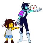  androgynous aqua_skin bangs bare_arms bare_shoulders blue_hair boots borrowed_garments brown_hair closed_mouth deltarune facing_to_the_side fantasy finger_gun flat_color frisk_(undertale) full_body gloves heart holding holding_stick holding_sword holding_weapon kris_(deltarune) messy_hair multiple_others nenekantoku no_eyes no_nose pauldrons pointing pointing_forward shaded_face shirt short_hair shorts simple_background sleeveless sparkle stick striped striped_shirt sweater_around_neck sword symmetrical_pose twitter_username undershirt undertale weapon white_background yellow_skin 