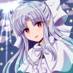  bangs bow capelet dated dot_zip eyebrows_visible_through_hair floating_hair fur_trim hair_bow long_hair melty_blood neck_ribbon pointy_ears red_eyes ribbon shiny shiny_hair silver_hair solo tsukihime upper_body white_bow white_capelet white_len white_ribbon 