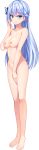  absurdres barefoot blue_eyes blue_hair braid breasts butterfly_hair_ornament charabration! covering covering_crotch eyebrows_visible_through_hair french_braid full_body hair_ornament highres large_breasts long_hair nipples nude nylon official_art sakuragi_hai smile solo transparent_background 