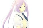  bangs black_neckwear bracelet cis05 dress_shirt fate/hollow_ataraxia fate_(series) floating_hair jewelry long_hair necktie open_mouth parted_bangs pink_hair purple_eyes shirt short_sleeves simple_background solo stheno twintails upper_body very_long_hair white_background white_shirt 