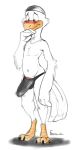 anthro avian bird blush bulge claws clothing digitigrade embarrassed emenius erection feathers green_eyes grin male navel nervous penis penis_outline simple_background smile solo speedo standing swimsuit tenting 