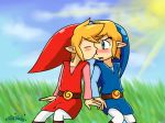  2boys alternate_color belt blonde_hair blue_clothes blue_eyes blue_hat blush couple day elf embarrassed eyes_closed grass hat imminent_kiss link looking_at_another male_focus multiple_boys nintendo open_mouth pointy_ears red_clothes red_hat selfcest short_hair shy sitting sky sun the_legend_of_zelda toon_link twilishady yaoi 