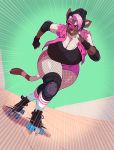 anthro beanie big_breasts boosterpang breasts clothed clothing facial_piercing feline female hat huge_breasts lip_piercing mammal piercing rollerskates smile solo thick_thighs voluptuous 
