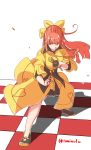  checkered checkered_floor chiyoganemaru_(tenka_hyakken) closed_mouth japanese_clothes long_hair orange_eyes orange_hair ready_to_draw serious simple_background solo sword tenka_hyakken tominofujin twitter_username weapon white_background wind 