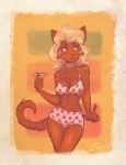  2018 anthro beauty_mark bikini blonde_hair blue_eyes breasts brown_fur cat cleavage clothed clothing feline female fur hair jonas mammal navel solo swimsuit 