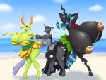  2018 anthro beach big_breasts blues64 breasts changeling clothing crossgender digital_media_(artwork) female friendship_is_magic group hair hands_behind_head hi_res hole_(anatomy) horn huge_breasts hyper hyper_breasts looking_at_viewer marauder6272 my_little_pony outside queen_chrysalis_(mlp) seaside sinyxstra thorax_(mlp) wings 