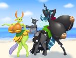  2018 anthro beach big_breasts blues64 breasts changeling clothing crossgender digital_media_(artwork) female friendship_is_magic group hair hands_behind_head hi_res hole_(anatomy) horn huge_breasts hyper hyper_breasts looking_at_viewer marauder6272 my_little_pony outside queen_chrysalis_(mlp) seaside sinyxstra thorax_(mlp) wings 